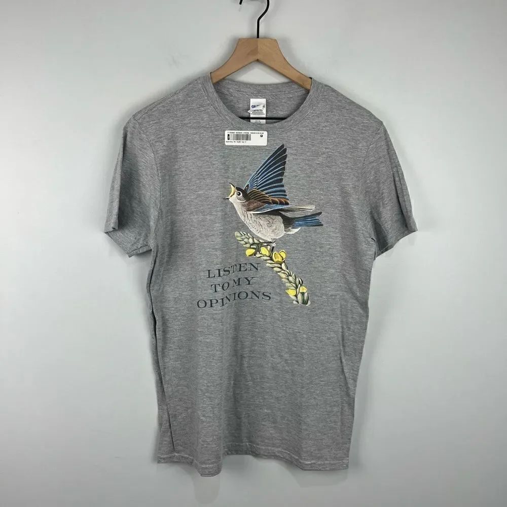 Gildan Soft Style Grey Bird Listen to My Opinions T Shirt M NWT